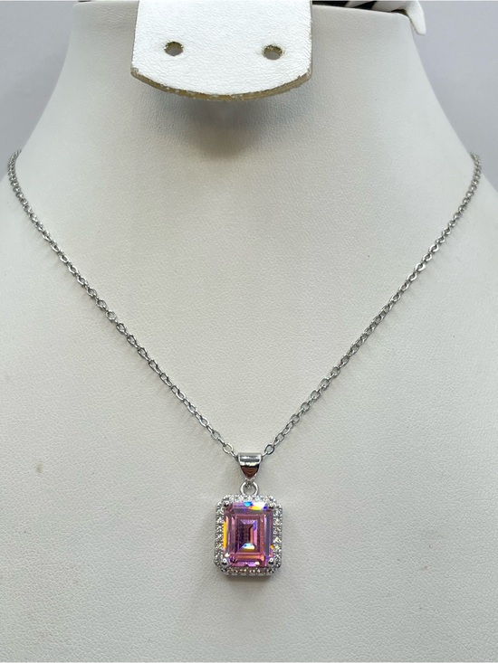 Unsigned Jewelry - Silver Pink Crystal Halo Pendant Necklace Emerald Cut Glam Statement